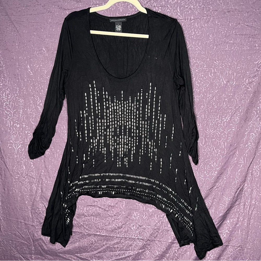 Grace Elements Black Rayon Embellished Tunic Top - Size Large